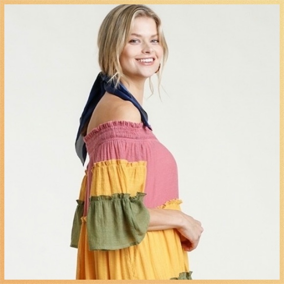 Umgee Colorblock Off Shoulder Tiered Ruffled Dress - Picture 7 of 13